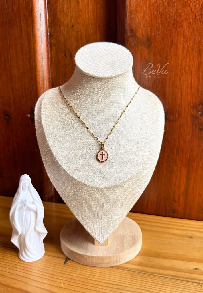 [4160] Cadena cruz rosado Dorado
