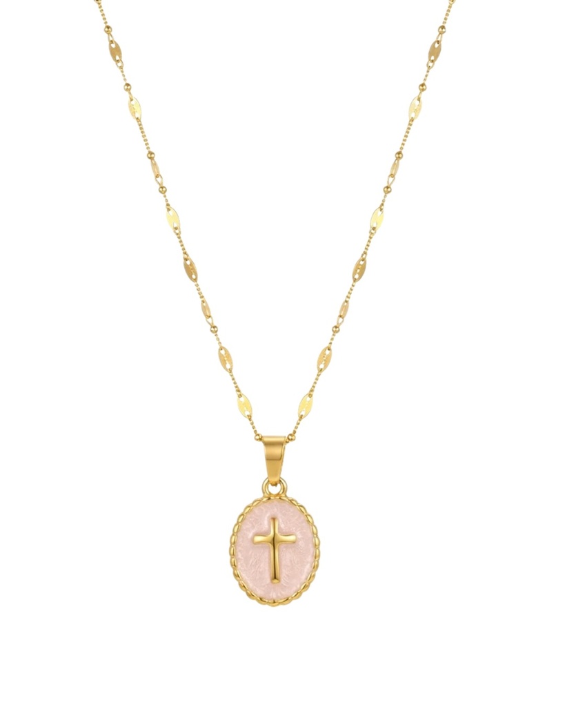 [4160] Cadena cruz rosado Dorado