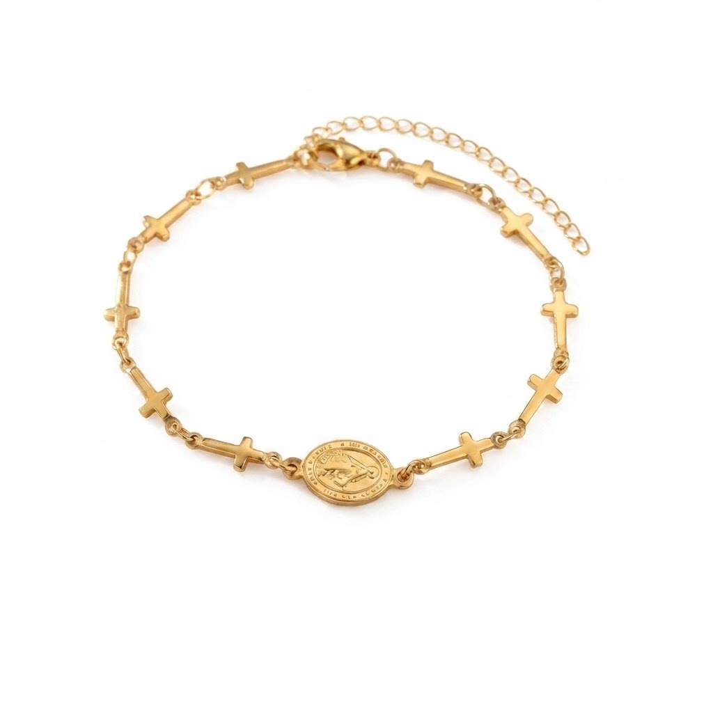 Pulsera Denario Dorada con Cruces y Medalla