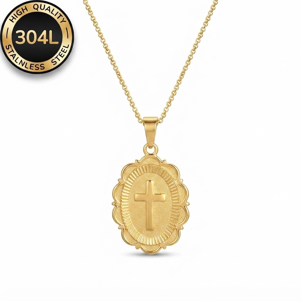Cadena medalla ovalada Festonada con Cruz Dorada