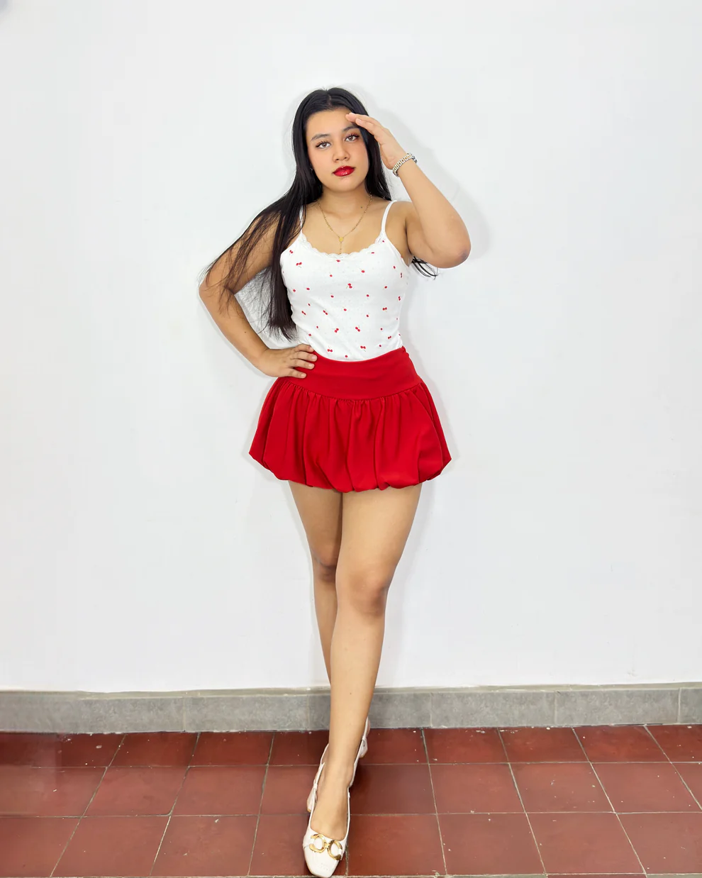 [1718] Falda globo Vanessa rojo