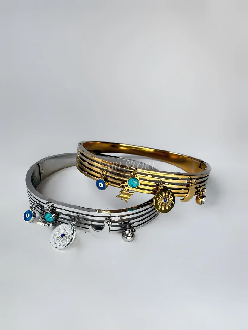 Brazalete de Acero Inoxidable con Luna, Ojo, Estrella (Dorado)